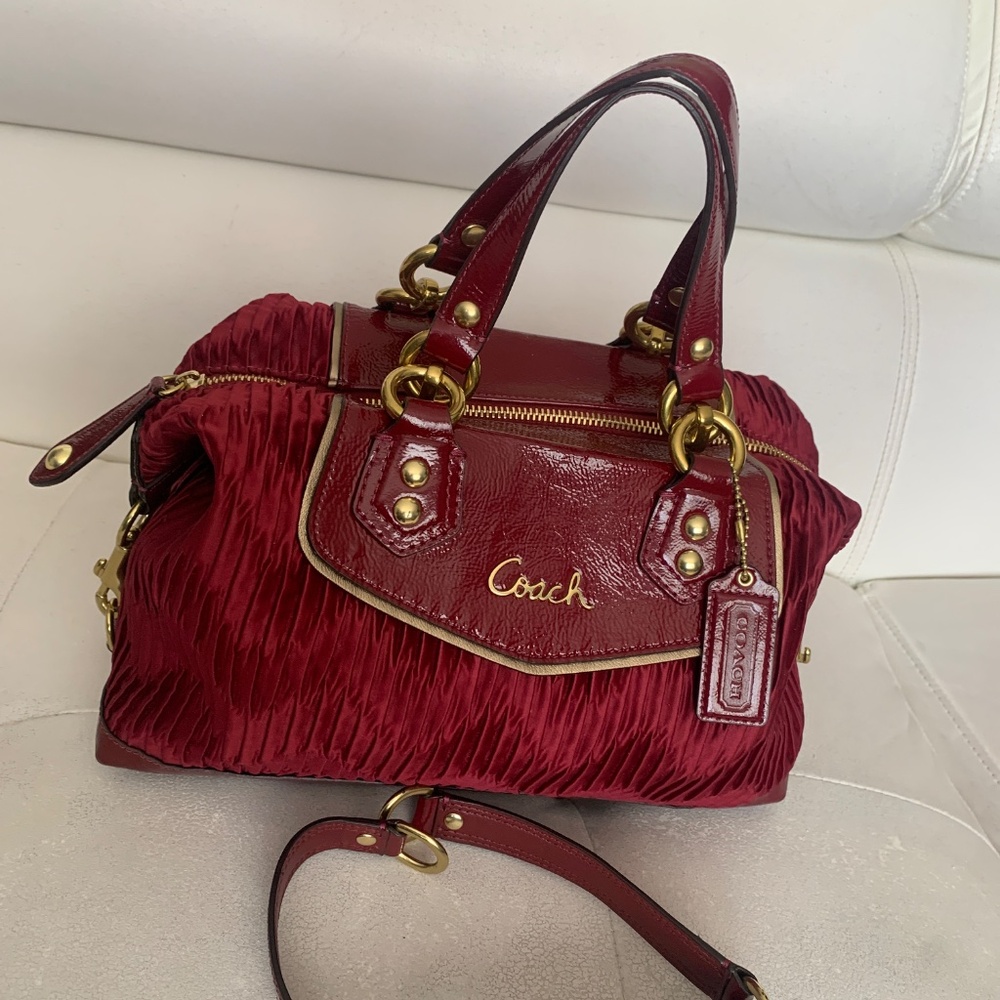 Coach Ashley Gathered Satin and Patent Leather Satchel in Bordeaux Med. Burgundy - Picture 4 of 16